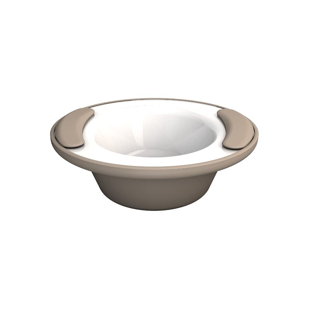 Thermoschale, beige-weiß. Runde Form mit zwei Griffen. Innen weiß, außen beige. Griffmulden beige.