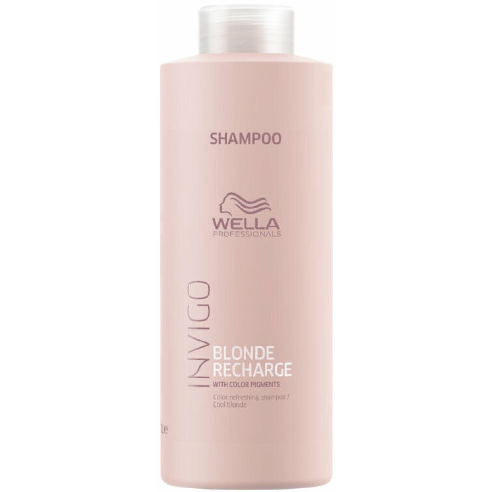 Rosa Shampoo-Flasche mit INVIGO, BLONDE RECHARGE, Wella Professionals. Text: Color refreshing shampoo. 1l.