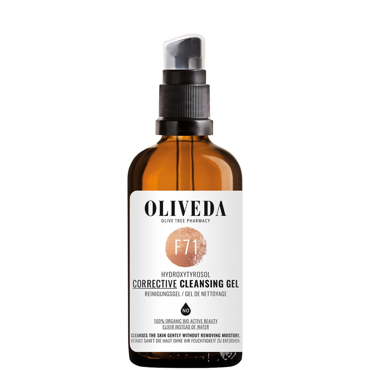 Braune Glasflasche mit schwarzem Pumpkopf. Aufschrift: Oliveda, F71, Hydroxytyrosol Corrective Cleansing Gel.