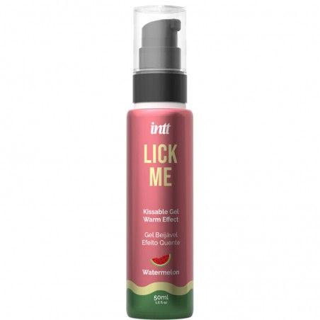 Rosa Flasche mit Pumpverschluss. Aufschrift "LICK ME" und "Watermelon".