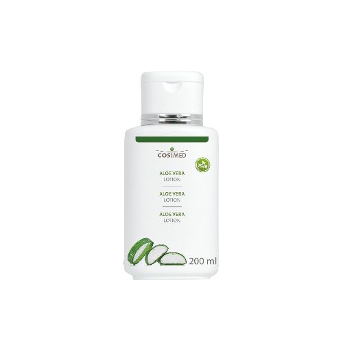 Weiße Flasche mit Klappverschluss. Aufschrift "cosiMed Aloe Vera Lotion". Vegan-Siegel. Aloe Vera-Illustrationen. Volumen: 200 ml.