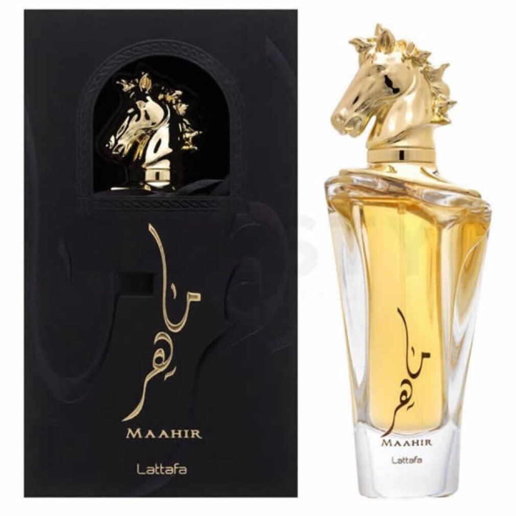 Goldfarbener Flakon mit Pferdekopf-Verschluss. Schwarze Verpackung mit goldener Schrift. Aufschrift: Maahir, Lattafa.