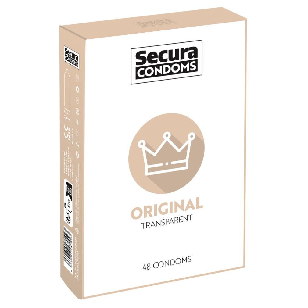 Verpackung von Secura Original Kondomen. Aufschrift: Original, transparent, 48 Kondome. Perspektivische Ansicht.