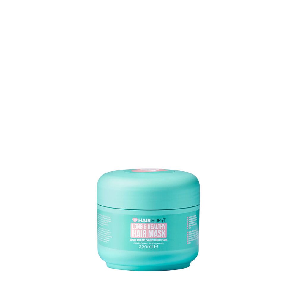 Türkiser Haarpflegebehälter mit rosa Etikett für "Hairburst Long & Healthy Hair Mask", 220ml.
