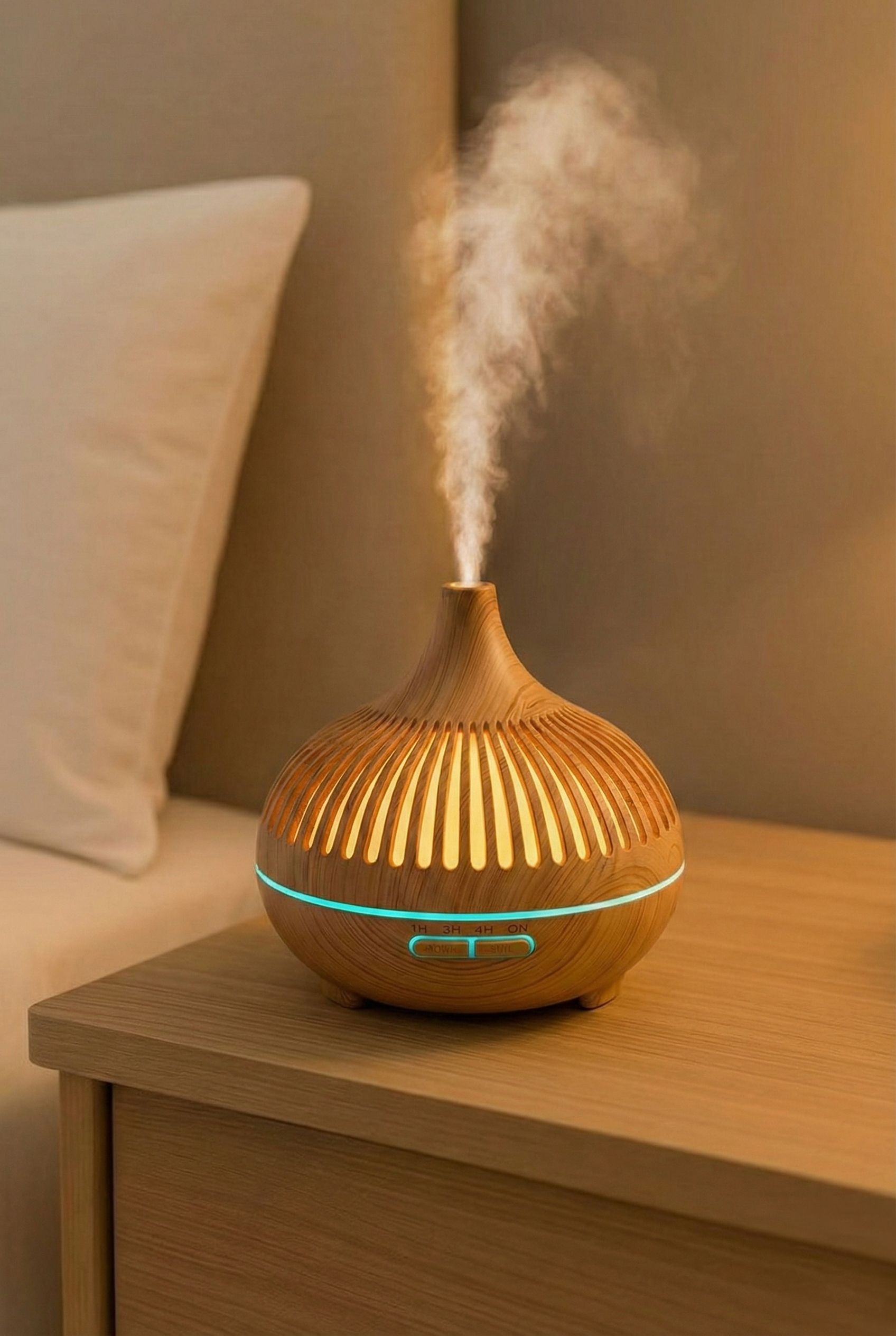 Holzfarbener Aroma-Diffusor gibt Dampf ab, mit blauen LED-Lichtern.