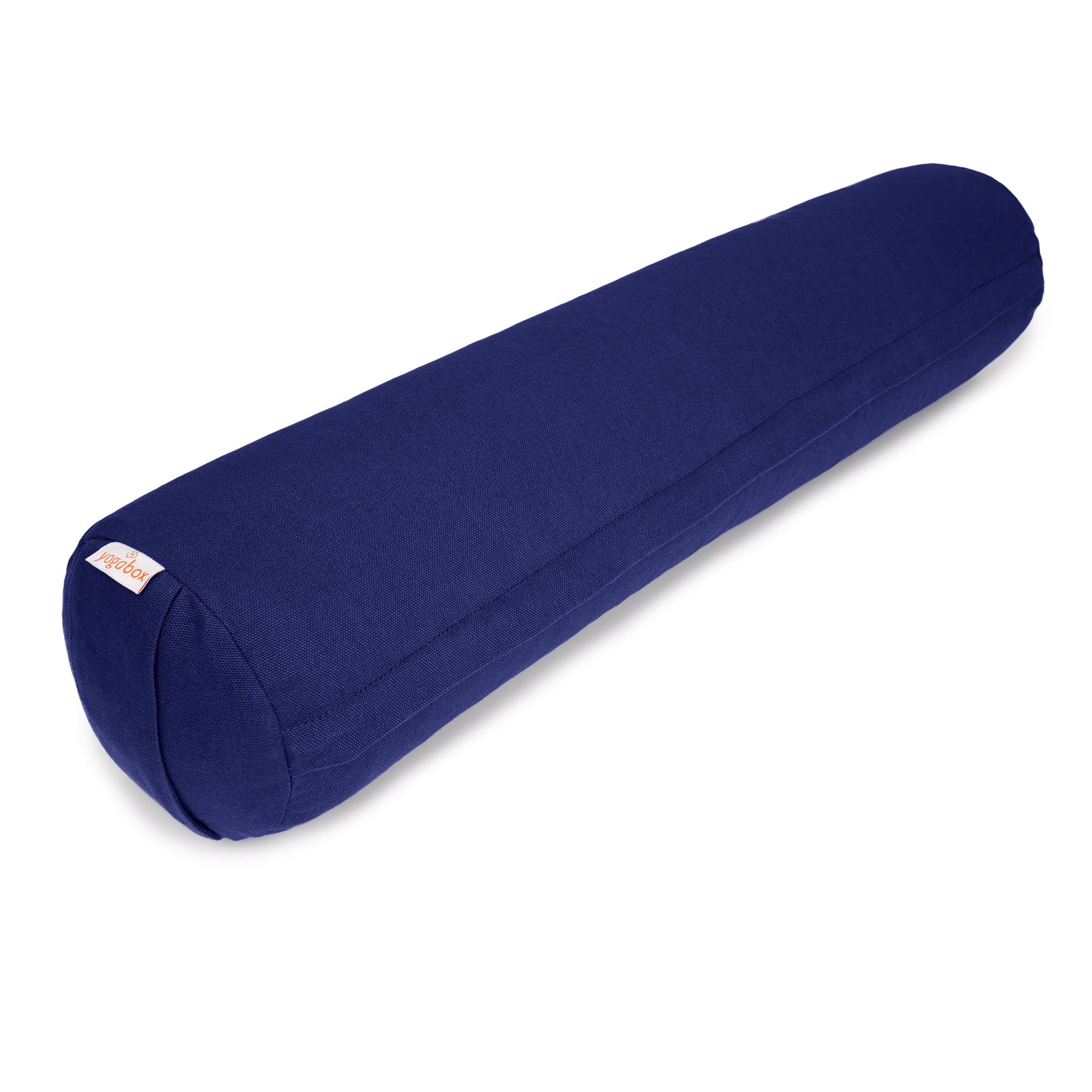 Dunkelblauer Yogabox Yoga & Pilates Bolster, zylindrisch, mit Etikett.