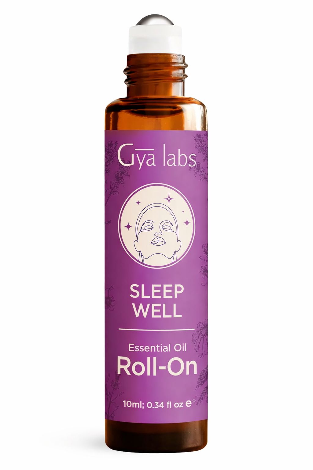 Braune Glasflasche mit Roll-on-Aufsatz. Lila Etikett mit Text: "Gya Labs Sleep Well Essential Oil Roll-On". 10ml.