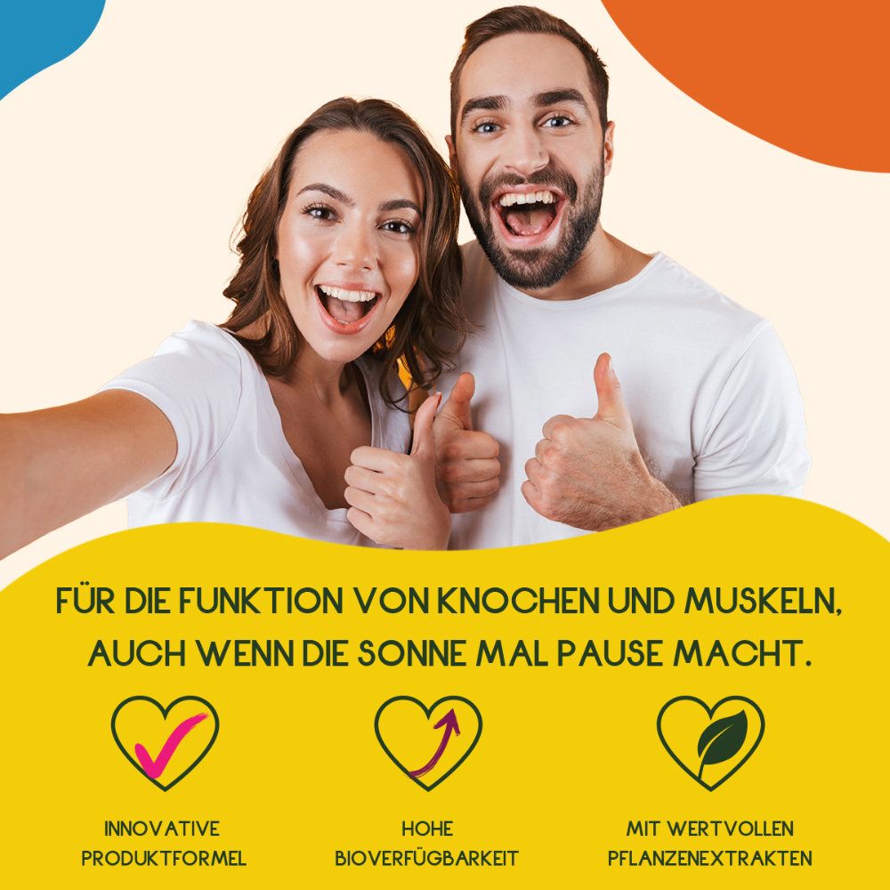 Paar mit Daumen hoch. Text: Für Knochen und Muskeln. Innovative Produktformel, hohe Bioverfügbarkeit, Pflanzenextrakte.