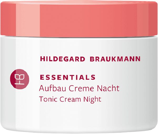 Tiegel Hildegard Braukmann Essentials Aufbau Creme Nacht. Weißer Tiegel mit rosa Deckel und Produktnamen.