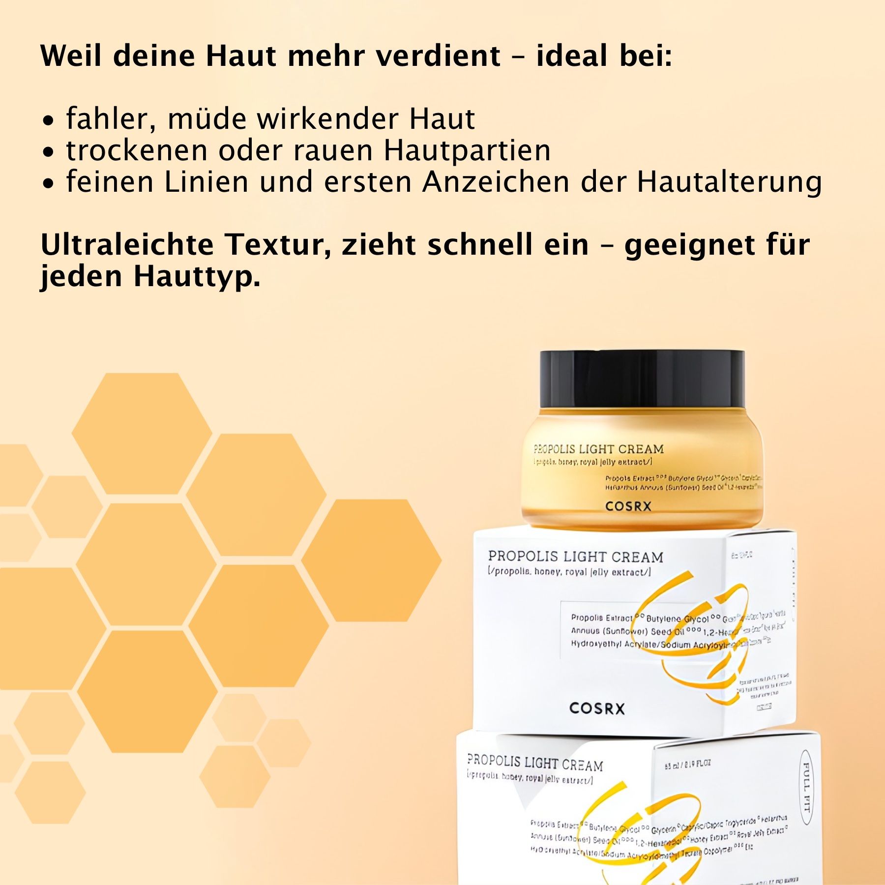 Tiegel COSRX Propolis Light Cream und Verpackungen. Gelbes Glas, schwarzer Deckel.