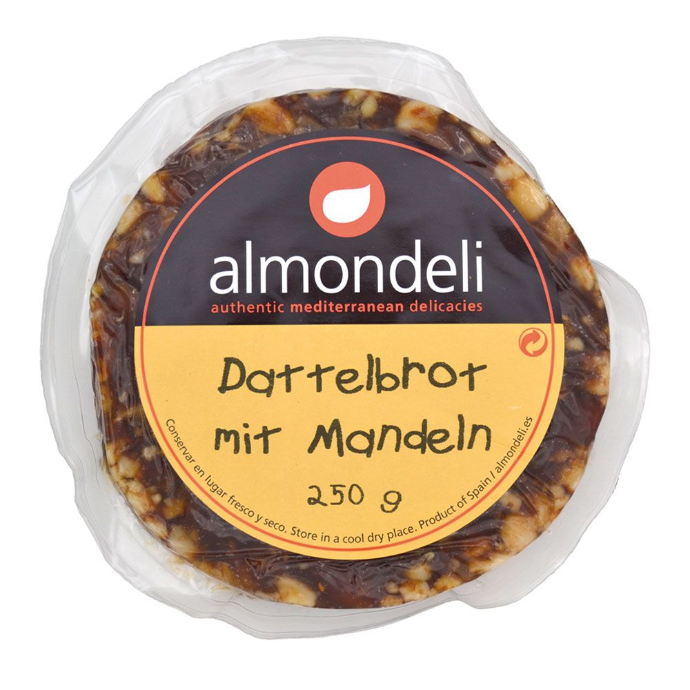 Rundes Dattelbrot mit Mandeln in Folie verpackt. Aufschrift: almondeli, Dattelbrot mit Mandeln, 250 g.