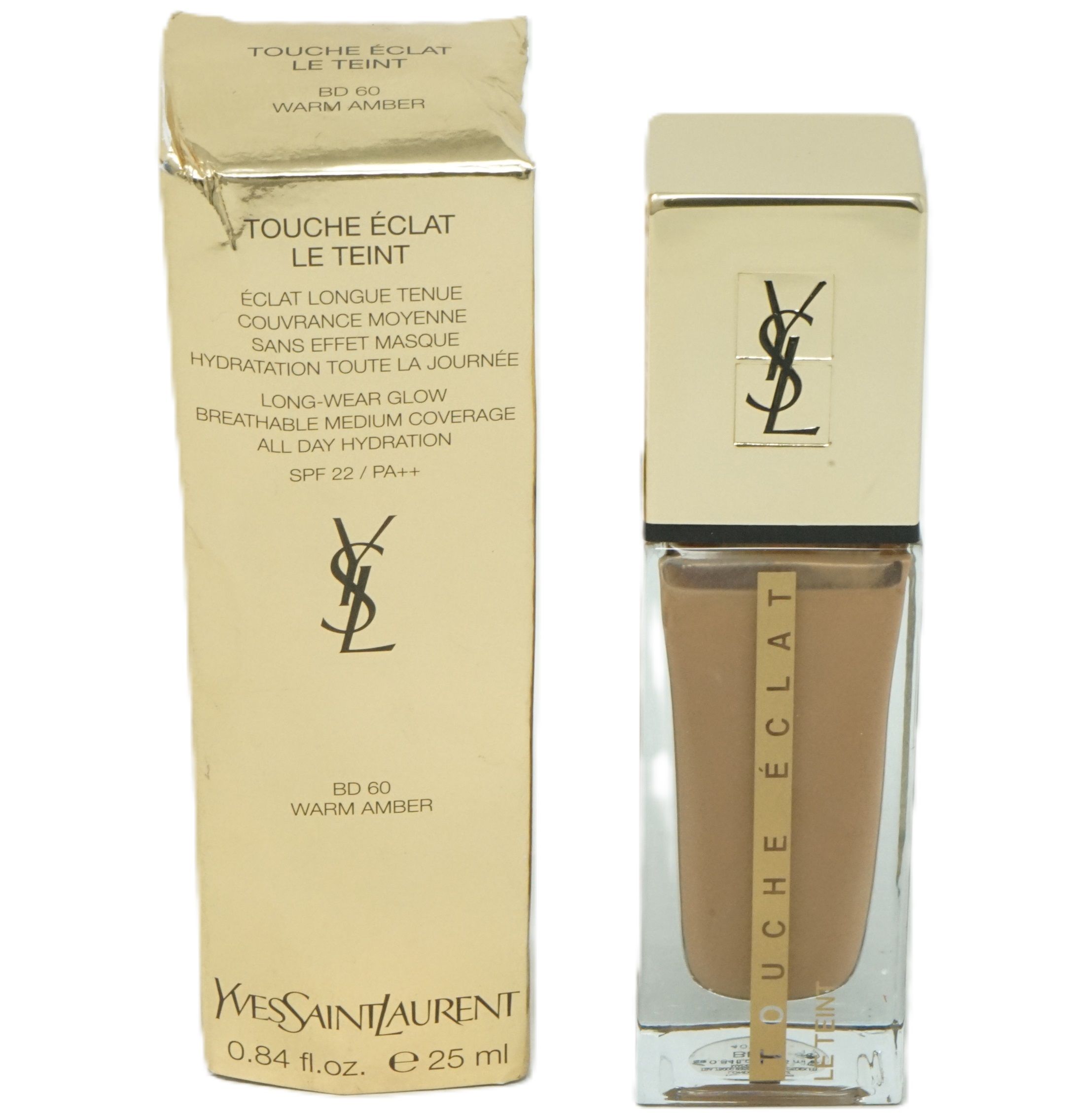 Foundation Yves Saint Laurent Touche Éclat Le Teint, Farbton BD 60 Warm Amber. Goldfarbene Verpackung und Flakon mit Produktbezeichnung.