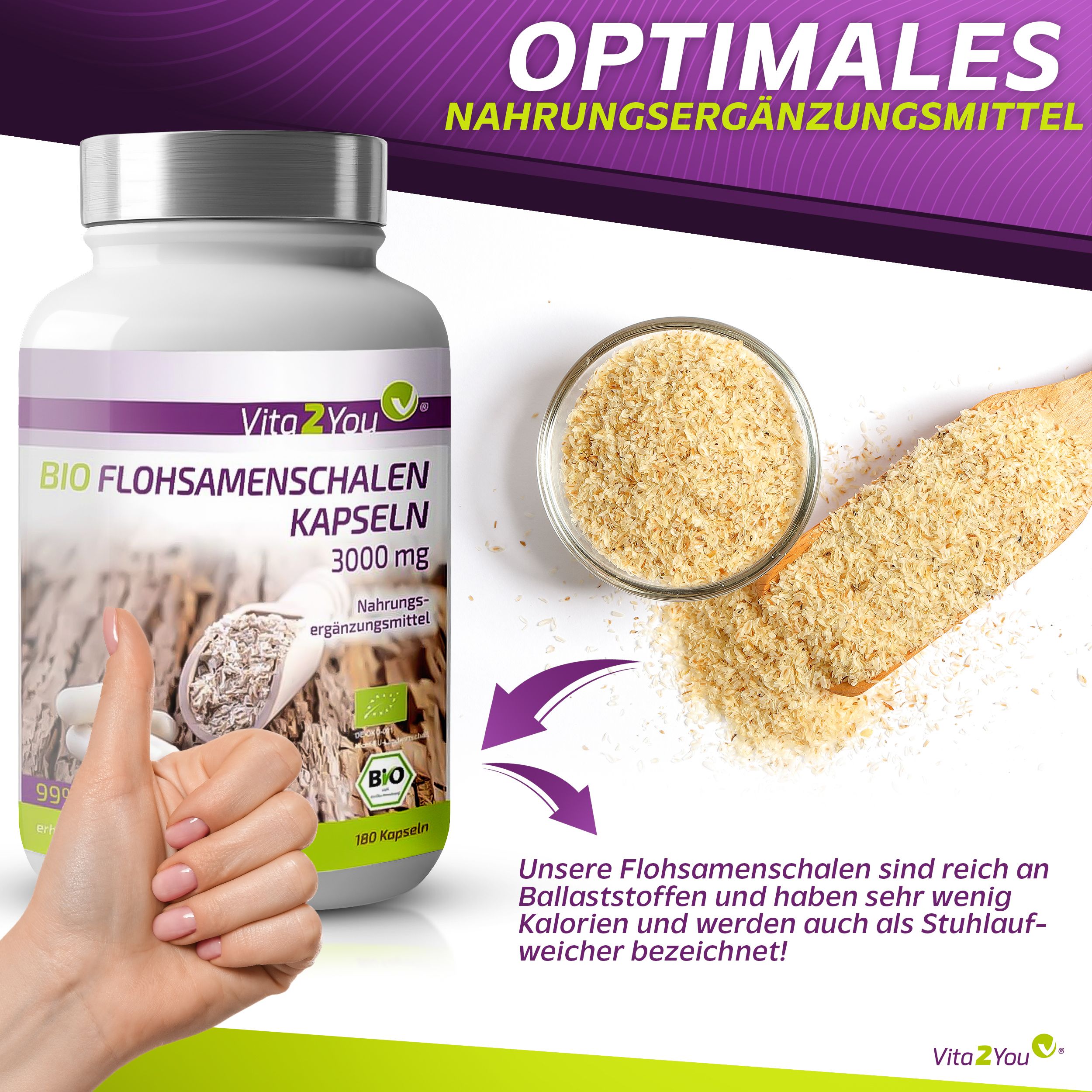Flasche mit Kapseln und Text: Vita2You Bio Flohsamenschalen Kapseln 3000 mg. Daneben eine Schale mit Flohsamenschalen. Bio-Siegel.