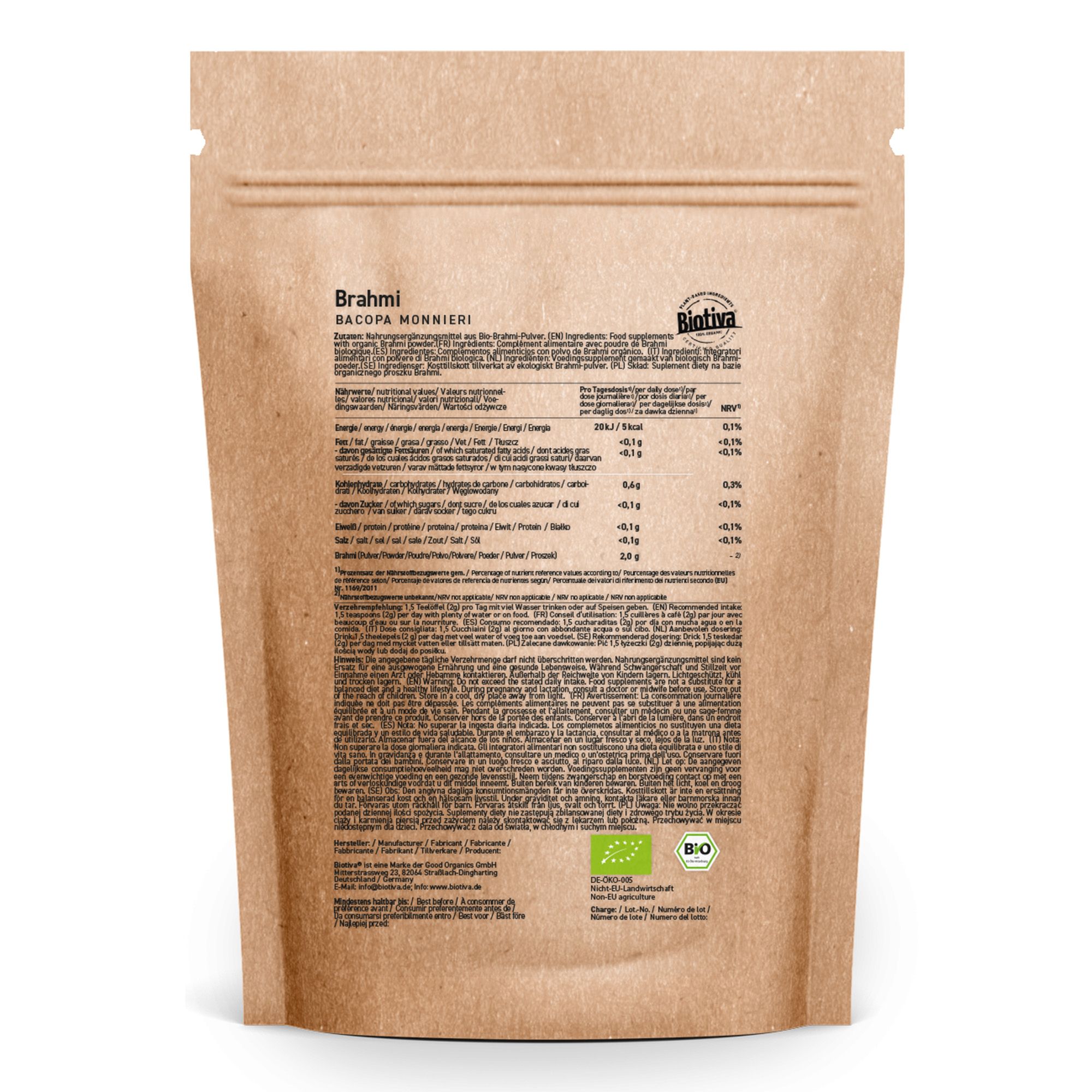 Braune Papierverpackung mit Produktinformationen. Rückseite mit Nährwertangaben, Inhaltsstoffen und Bio-Siegel. Text in Deutsch.