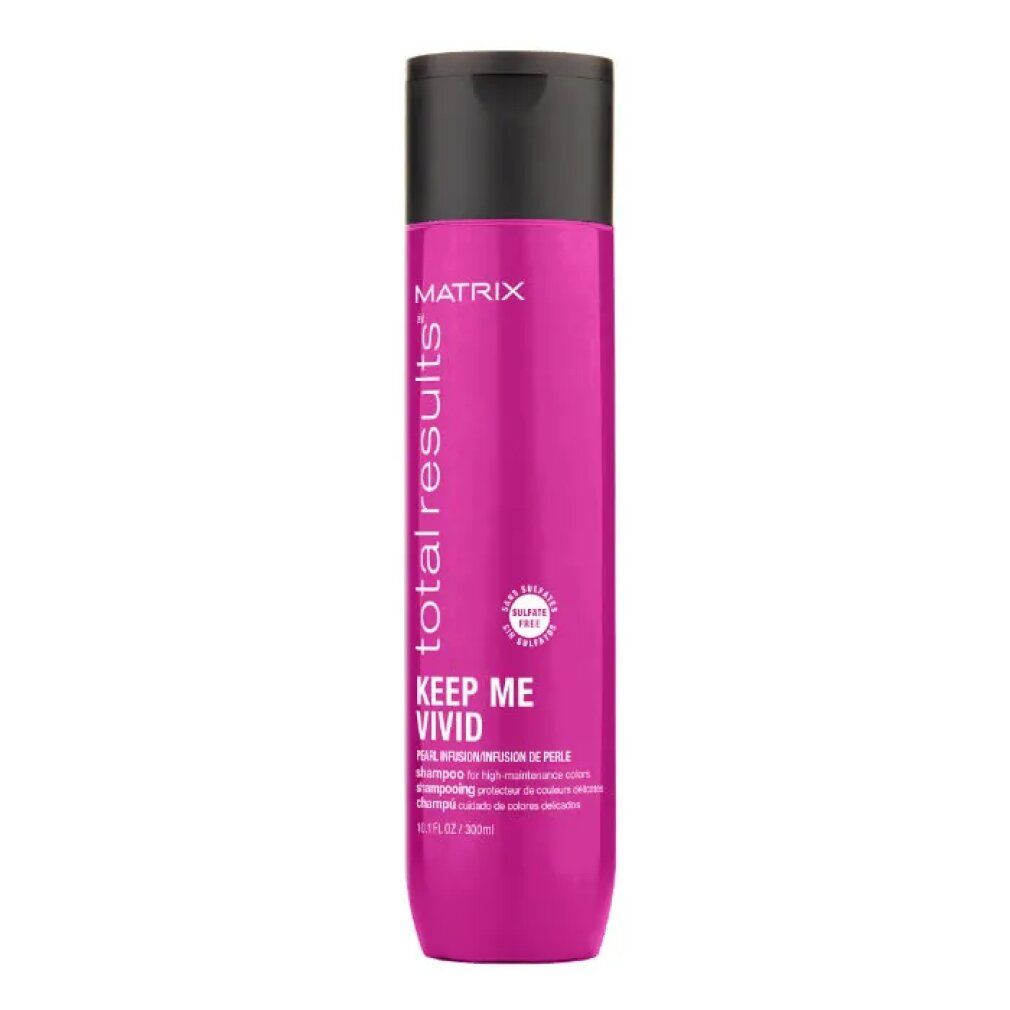 Rosa Shampoo-Flasche mit schwarzem Deckel. Aufschrift: Matrix Total Results Keep Me Vivid. Für coloriertes Haar.