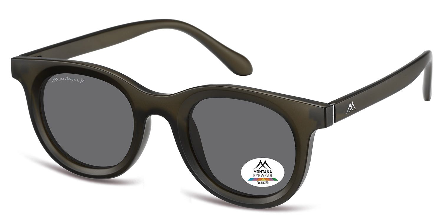 Graue Sonnenbrille Montana Eyewear Bayport. Runde Gläser, Logo auf dem Bügel. Polarisationsaufkleber auf dem Glas.