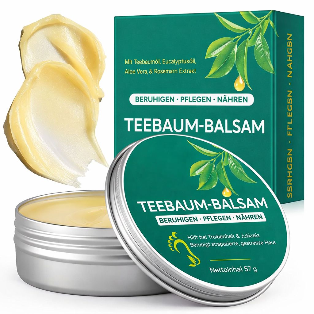 Balsam in Dose und Verpackung. Text: Teebaum-Balsam, beruhigen, pflegen, nähren. Grün-weiße Verpackung mit Blättern.