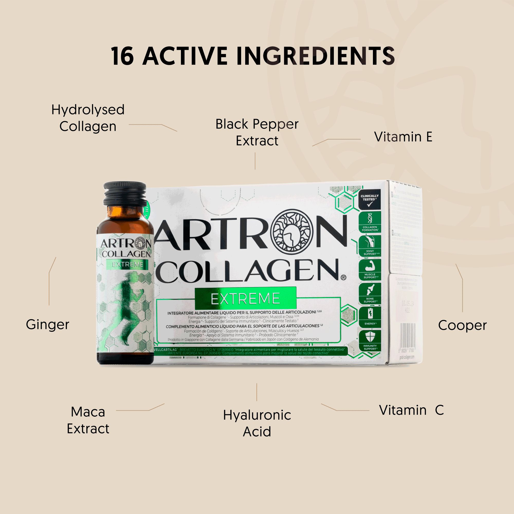 Gold Collagen Artron Extreme. Flasche und Karton. Aufschrift: Artron Collagen Extreme. 16 aktive Inhaltsstoffe. Inhaltsstoffe beschriftet.