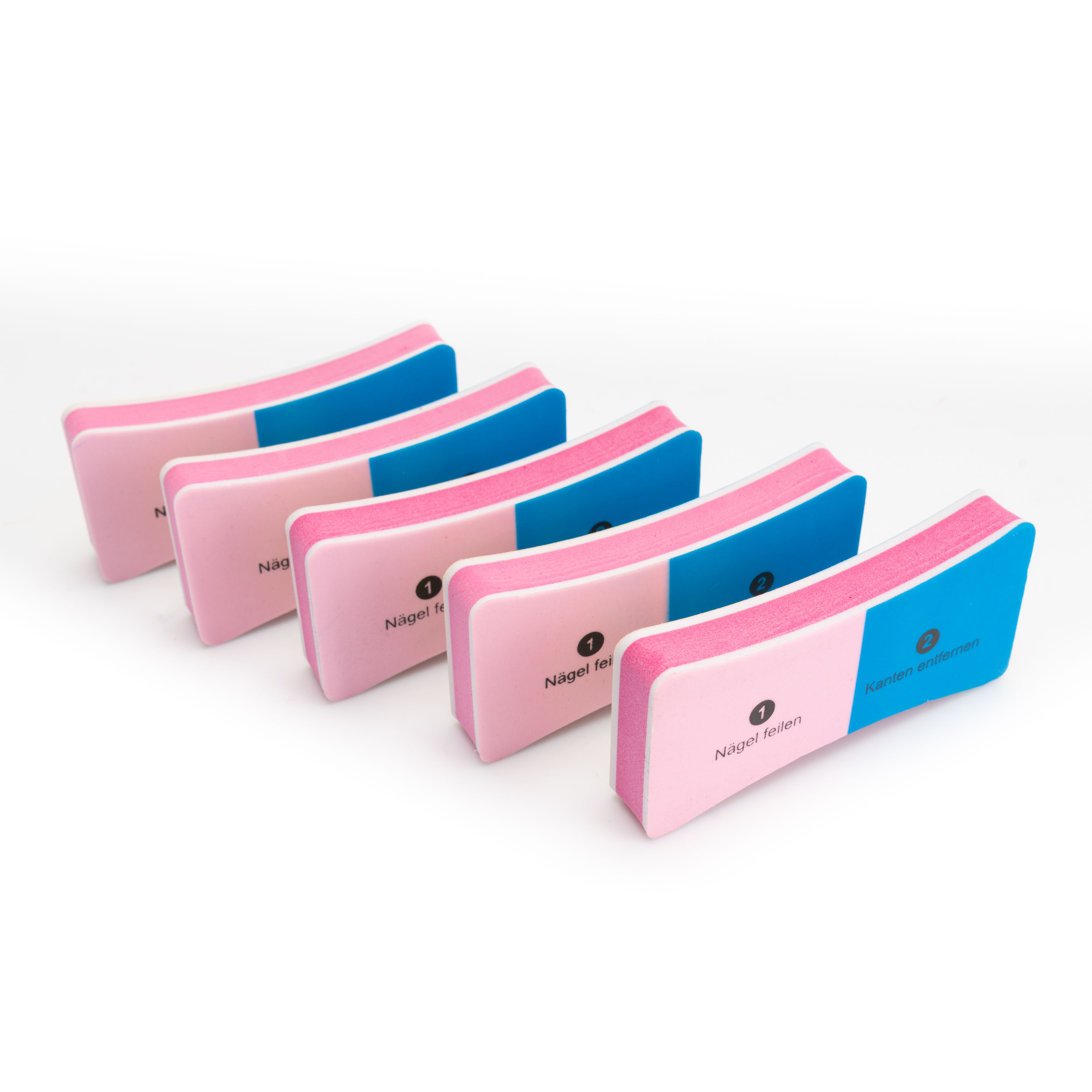 Meerdere nagelpolijstblokken. Roze, blauw en geel. Opschriften: vijlen, randen verwijderen. Nummering.