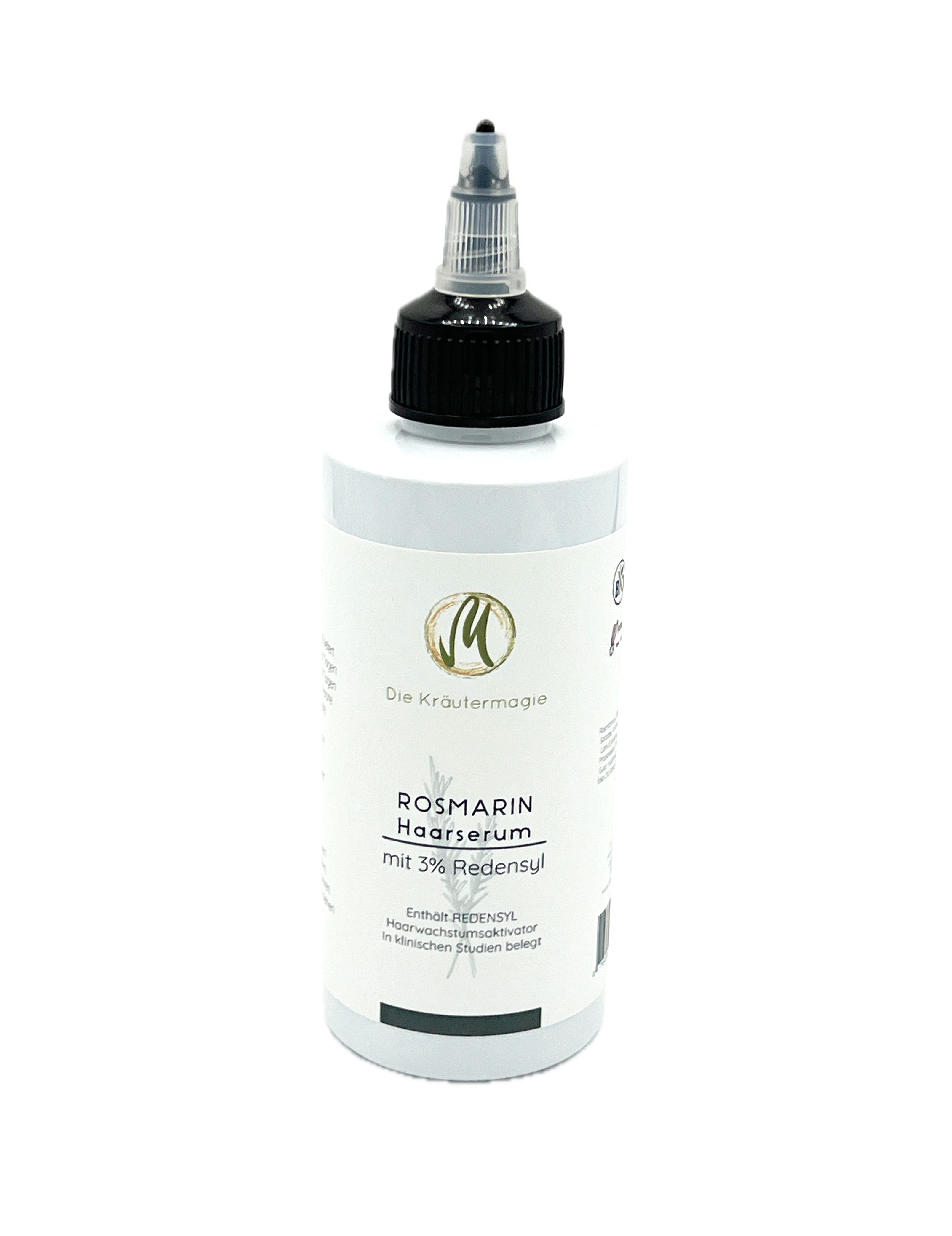 Graue Flasche mit Serum. Text: Rosmarin Haarserum mit 3% Redensyl. Logo: Die Kräutermagie. Schwarzer Applikator.