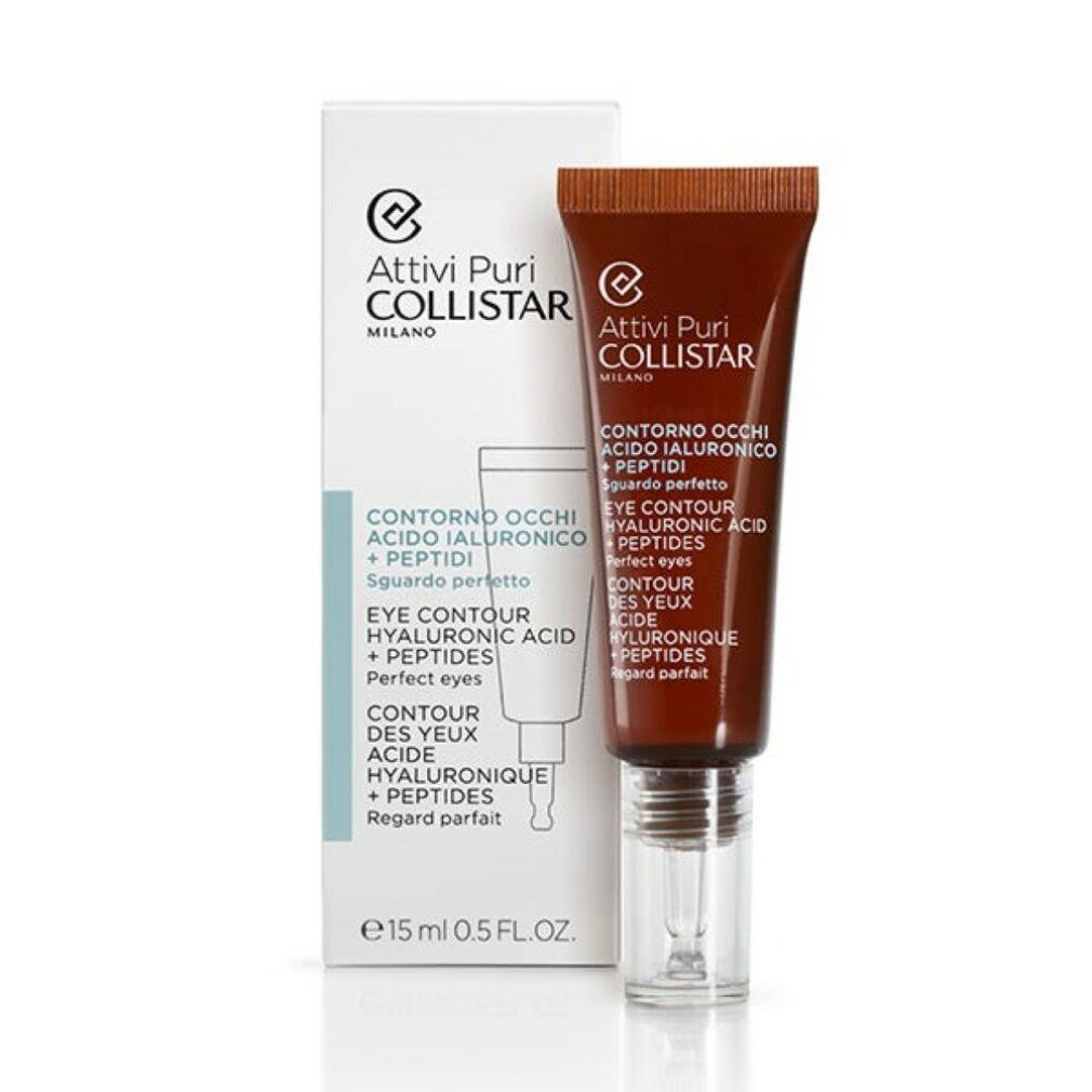 Produktverpackung mit Tube und Schachtel. Tube: braun, golden. Schachtel: weiß, hellblau. Beschriftung: Collistar, Contorno Occhi, Eye Contour.