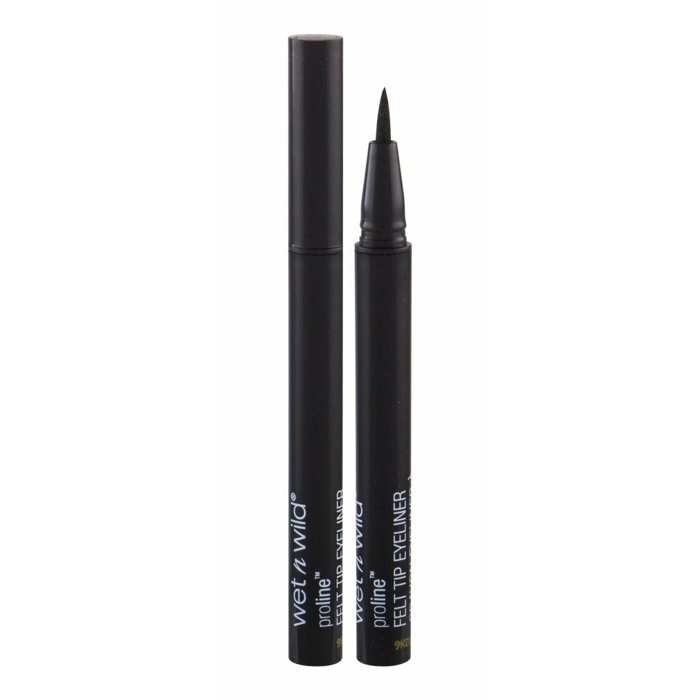Schwarzer Eyeliner mit Filzspitze. Der Stift ist geöffnet, daneben die Kappe. Auf dem Stift steht "wet n wild proline FELT TIP EYELINER".