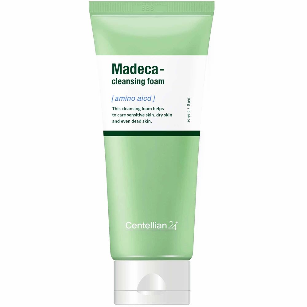 Grüne Tube mit weißem Deckel. Text: Madeca-cleansing foam, amino acid. Marke: Centellian 24.