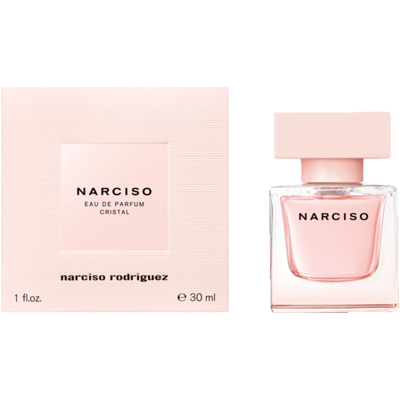Rosa Schachtel und Flakon. Auf der Schachtel: "NARCISO EAU DE PARFUM CRISTAL", "narciso rodriguez", "1 fl.oz.", "e 30 ml".