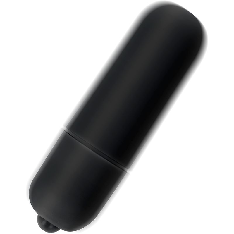 Schwarzer, zylindrischer Vibrator mit abgerundeten Enden. Kleiner Knopf am unteren Ende.