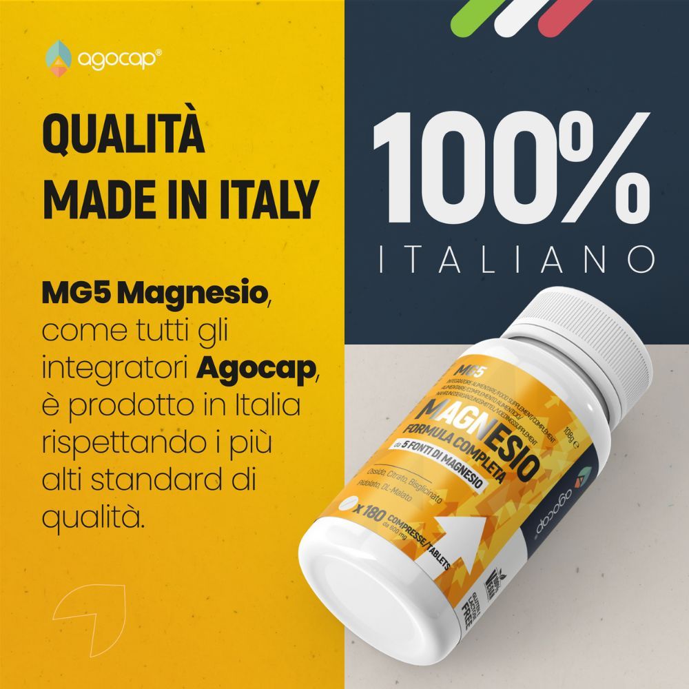 Flasche Magnesio, Text: Qualità Made in Italy, 100% Italiano. MG5 Magnesio, Agocap, prodotto in Italia.