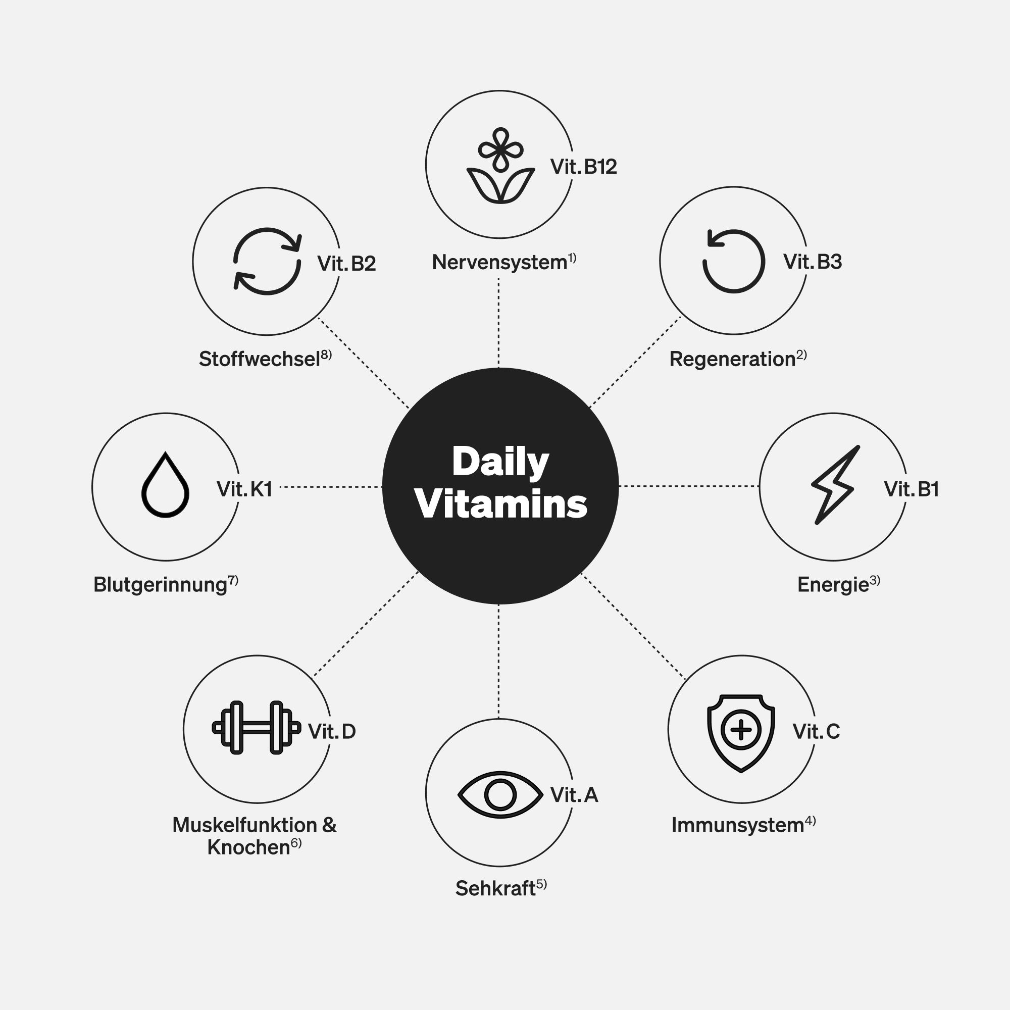 Kreisförmige Darstellung von Vitaminen. "Daily Vitamins" im Zentrum. Icons und Namen der Vitamine.