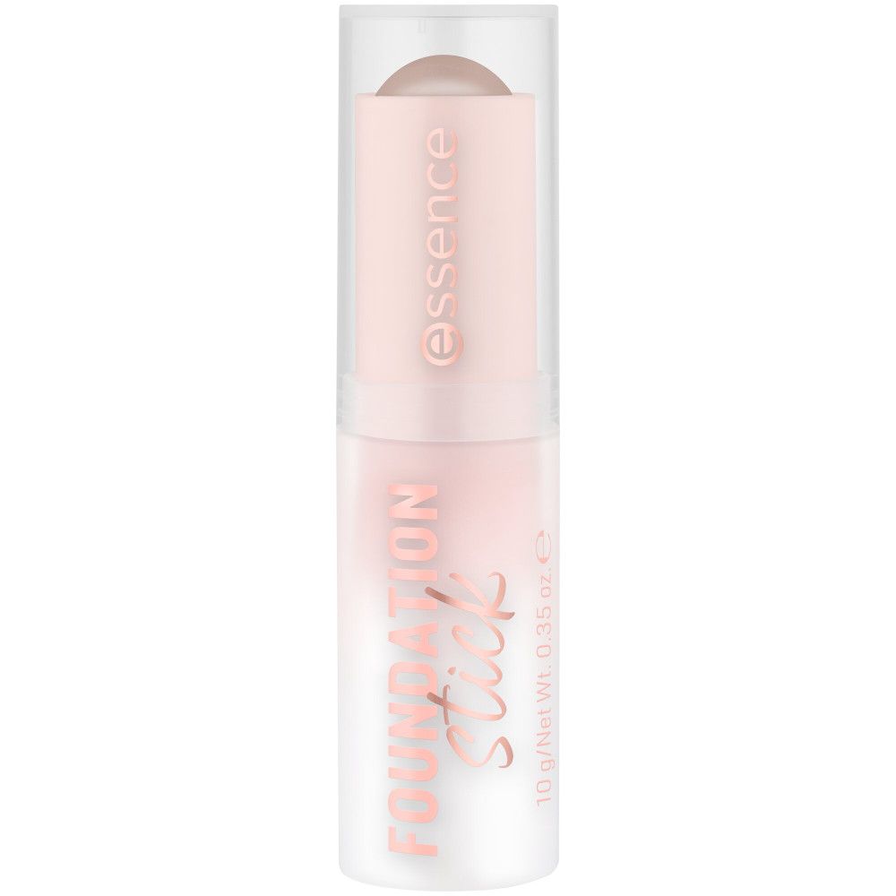 Foundation Stick von Essence. Rosa-weiße Verpackung mit Produktnamen und Logo. Transparentes Gehäuse mit cremefarbenem Produkt.