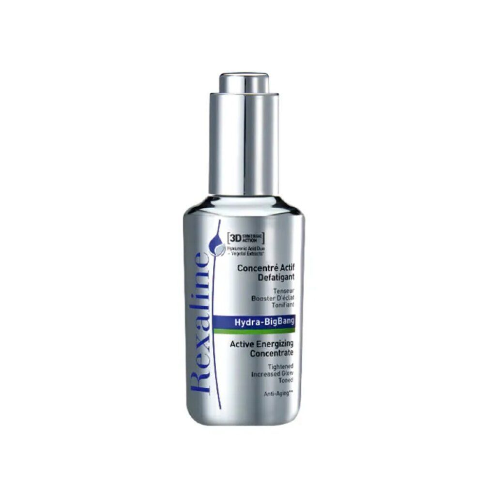 Silberne Flasche mit Pipettenaufsatz. Aufschrift: Rexaline, Hydra-BigBang, Active Energizing Concentrate.