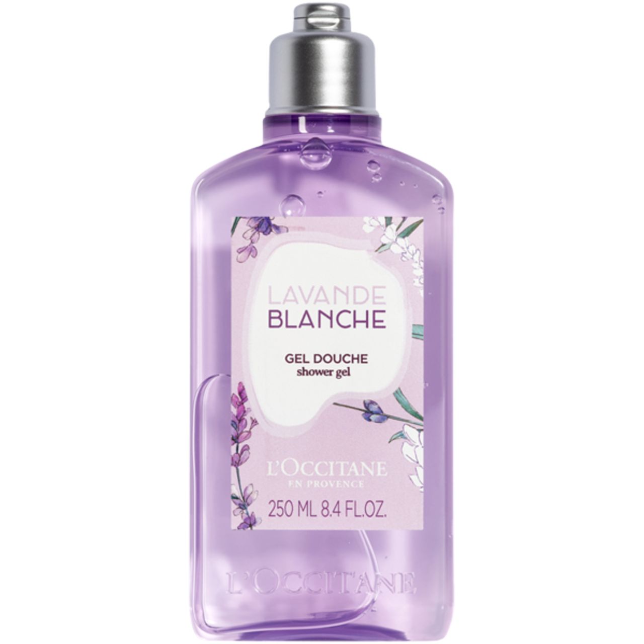 L'Occitane Lavande Blanche Duschgel. Flasche mit lila Flüssigkeit. Etikett mit Produktnamen und floralen Illustrationen.