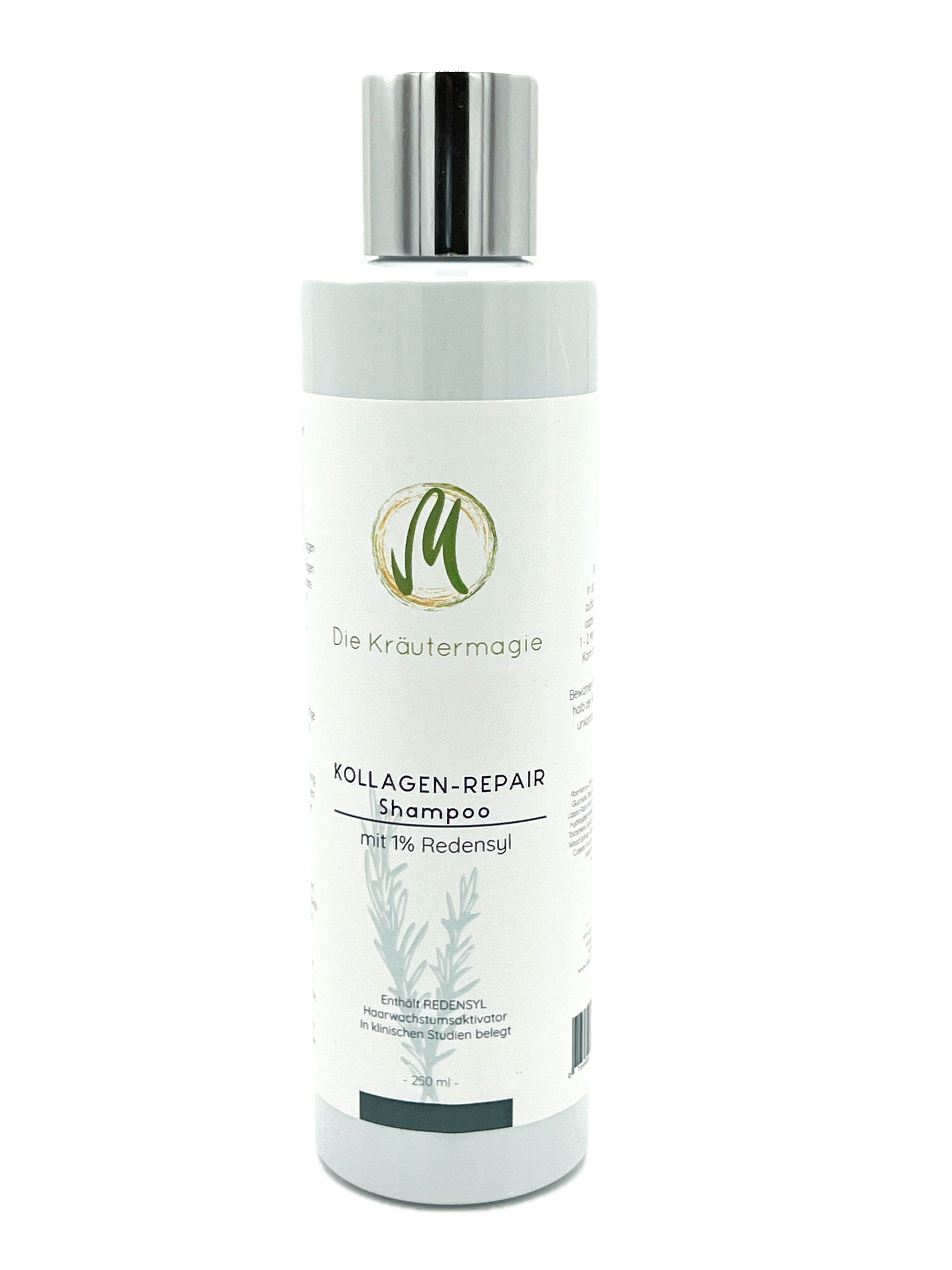Graue Flasche mit Shampoo-Etikett. Text: Kollagen-Repair Shampoo mit 1% Redensyl. Logo: Die Kräutermagie.
