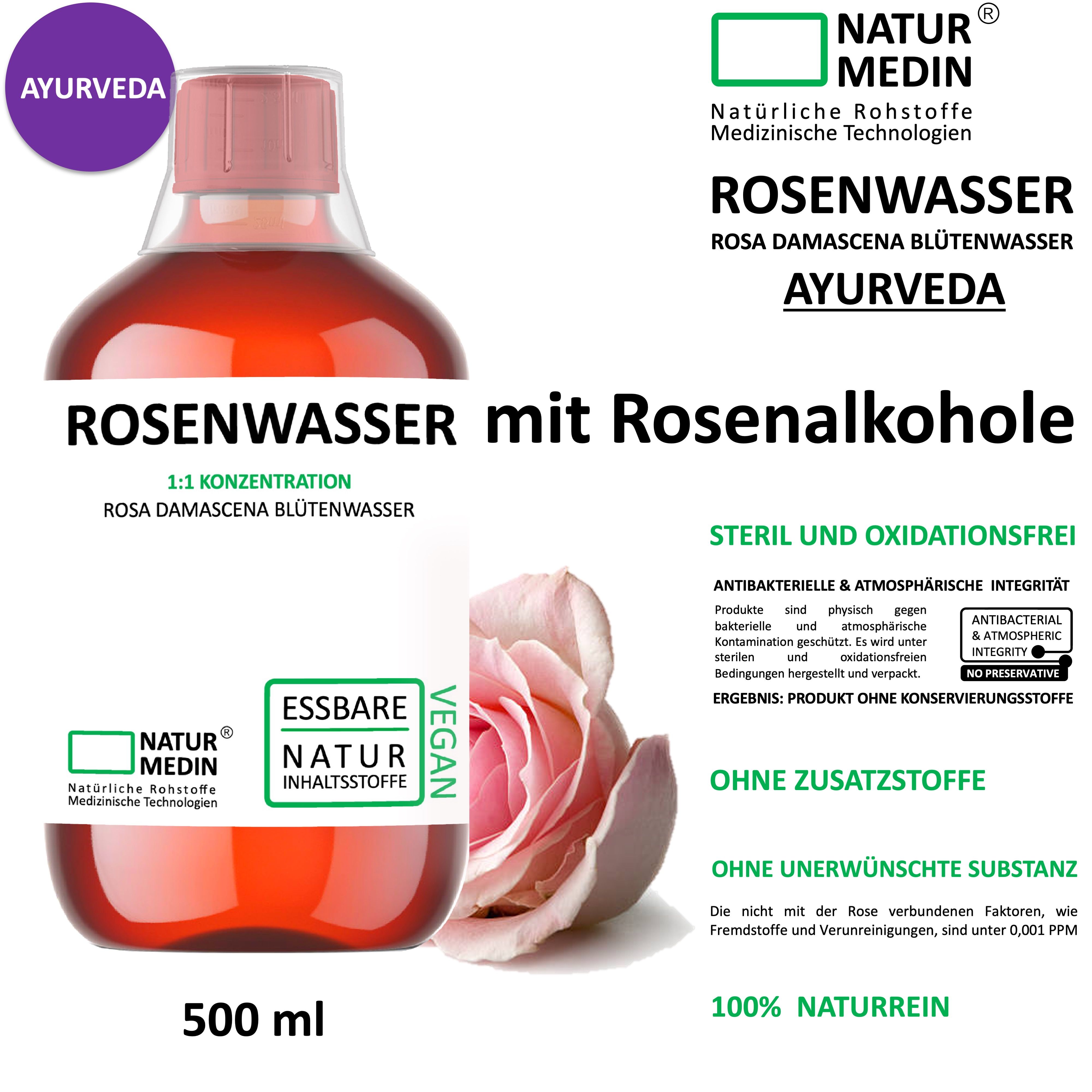 Flasche ROSENWASSER mit Rose und Text. Beschriftung: ROSENWASSER mit Rosenalkohol, 1:1 Konzentration, NATURMEDIN, VEGAN.