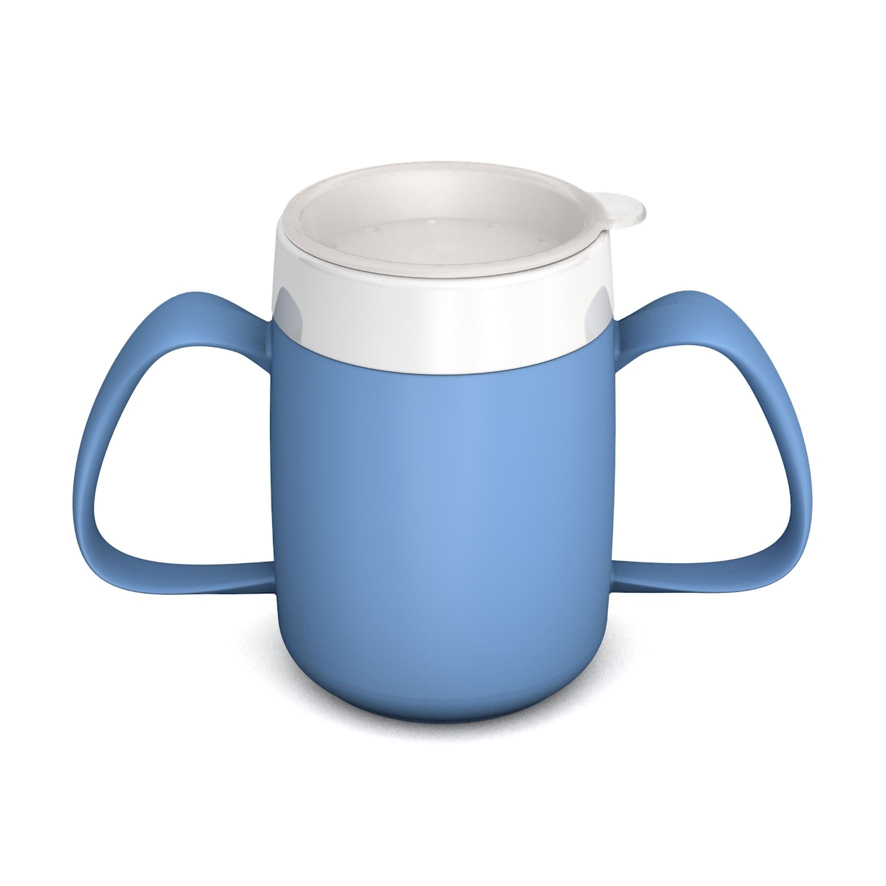 Blauer Becher mit zwei Henkeln und weißem Deckel. Der Deckel hat eine Trinköffnung.