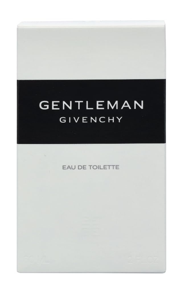 Givenchy Gentleman Eau de Toilette Verpackung. Weißer Karton mit schwarzem Band und Schriftzug. Eau de Toilette.