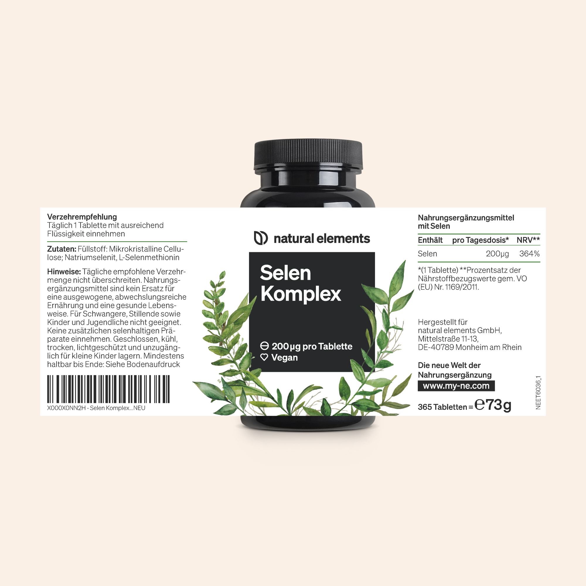 natural elements Selen Komplex – 365 Tabletten mit je 200µg – aus Natriumselenit und Selenmethionin