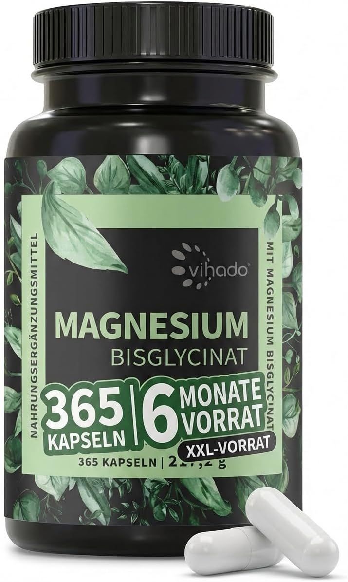 Magnesium Bisglycinat hochdosiert, 1000 mg pro Tag, 6 Monate Glycinat Vorrat von Vihado 217,2 g Kapseln
