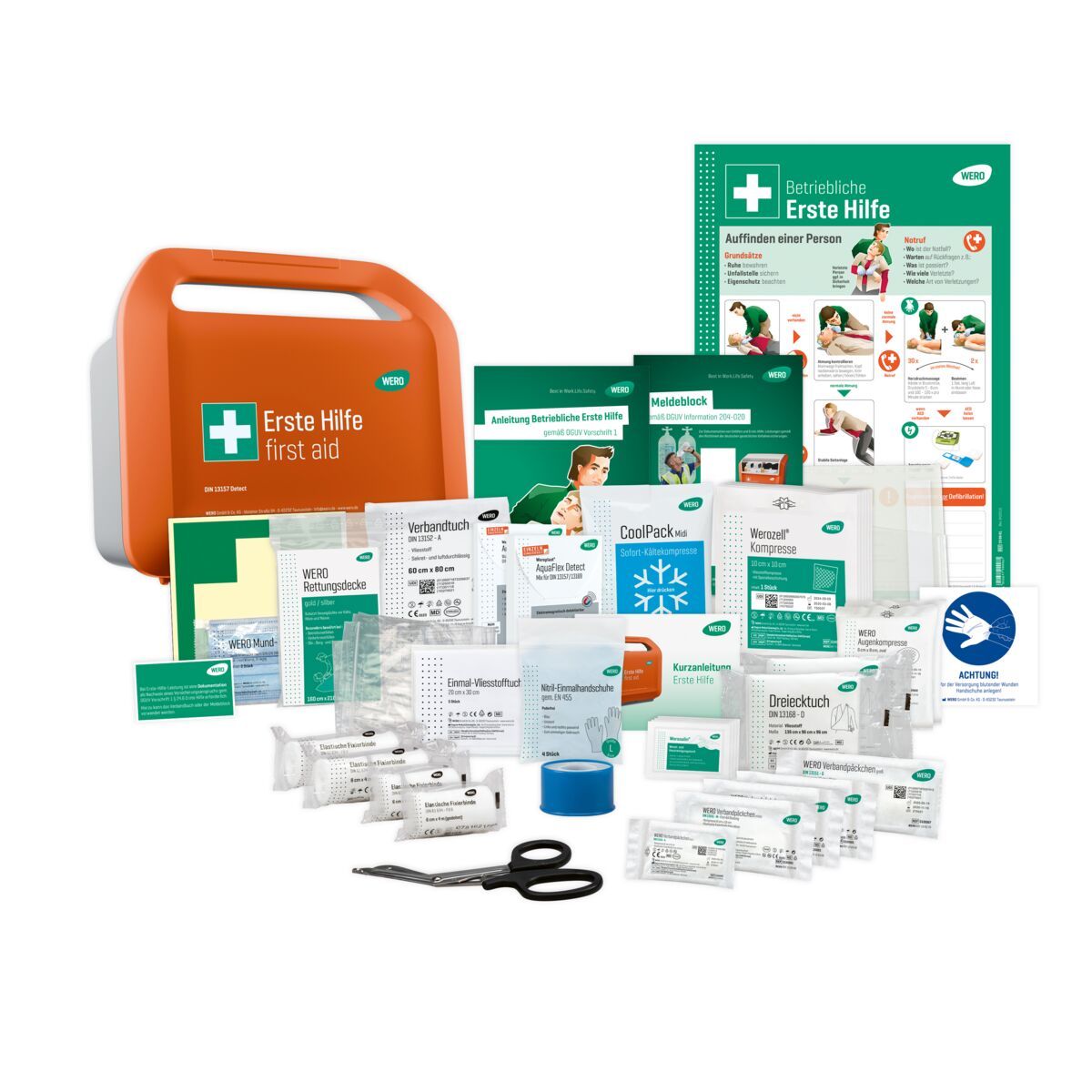Umfassendes Erste-Hilfe-Set in einem orangefarbenen Kasten mit diversen Verbandsmaterialien, Kühlpacks und Anleitungen.