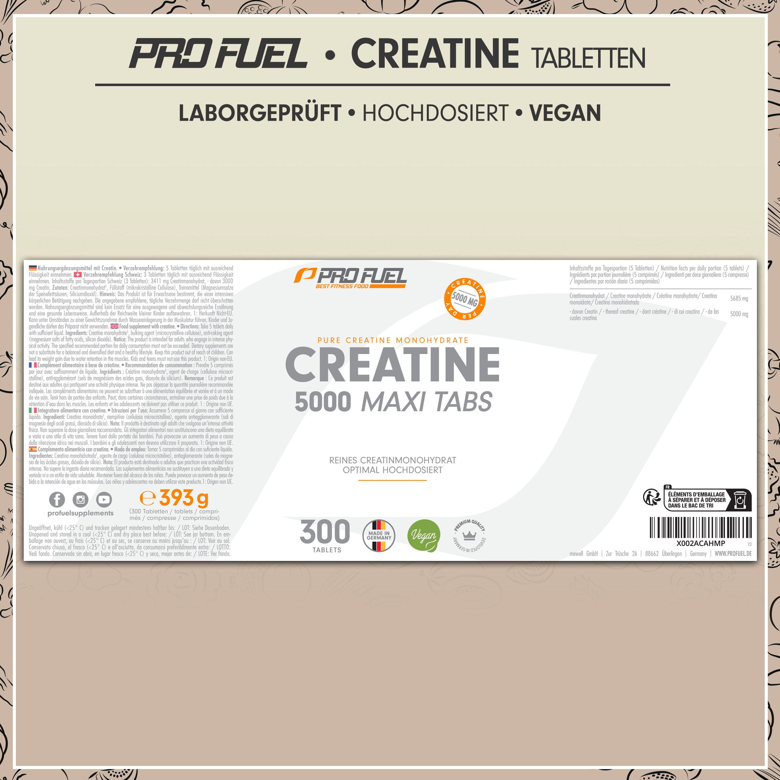 Verpackung ProFuel Creatine 5000 Maxi Tabs: 300 Tabletten, 393g. "Laborgeprüft, Hochdosiert, Vegan".