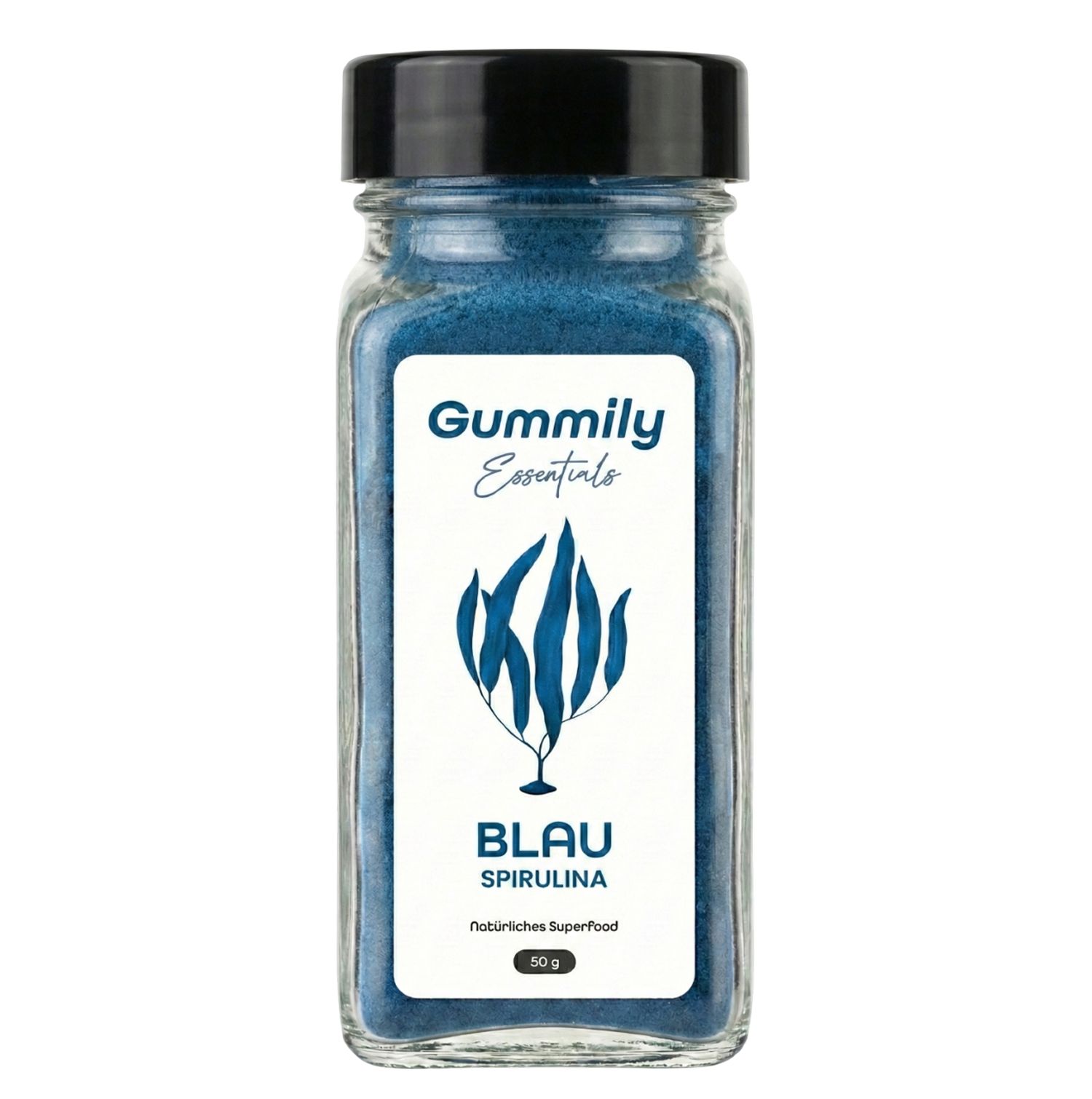 Glas mit blauem Spirulina-Pulver. Aufschrift: Gummily Essentials, Blau Spirulina, natürliches Superfood, 50g.