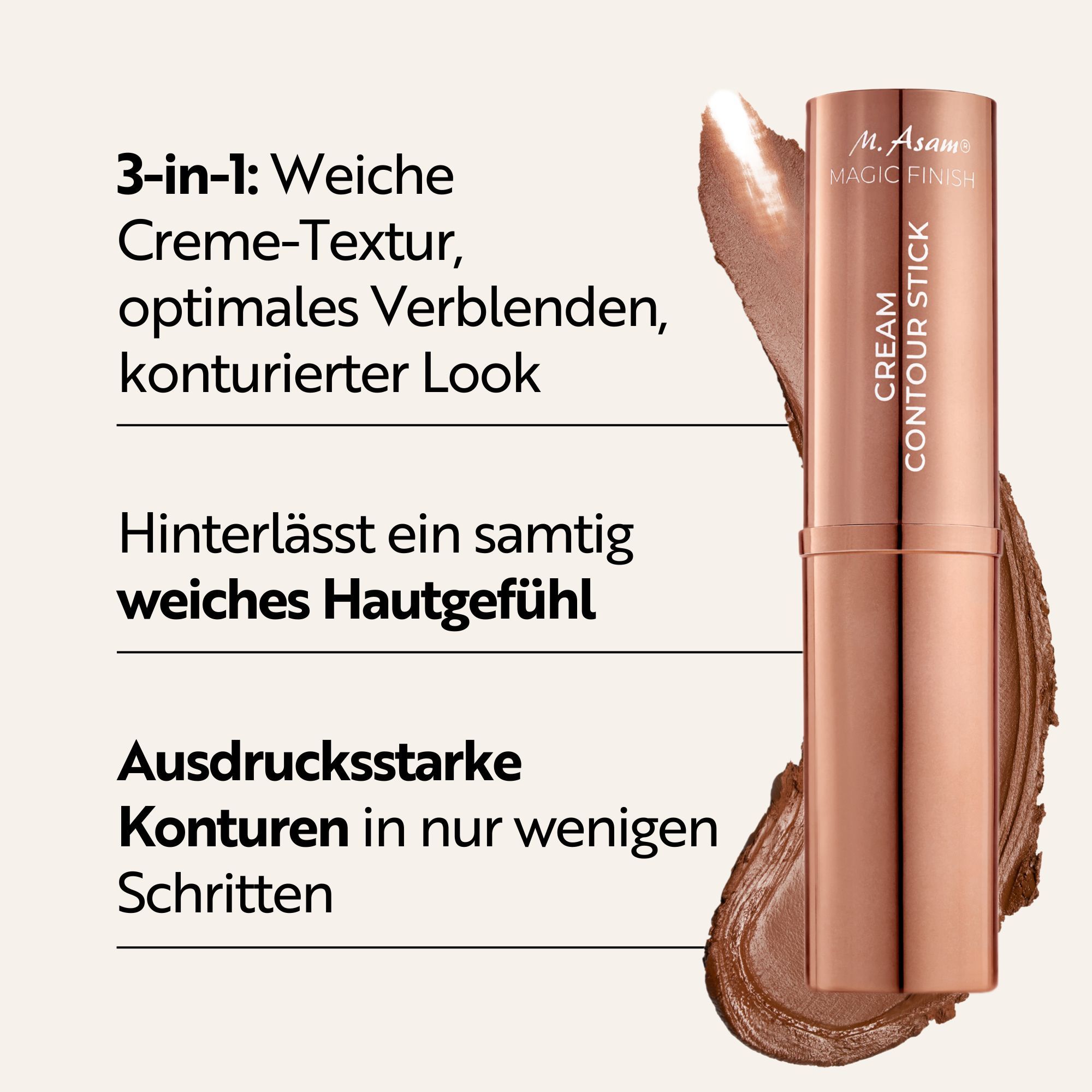 Konturstift und Produkt-Text. Text: 3-in-1, weiche Creme-Textur, optimales Verblenden, konturierter Look.
