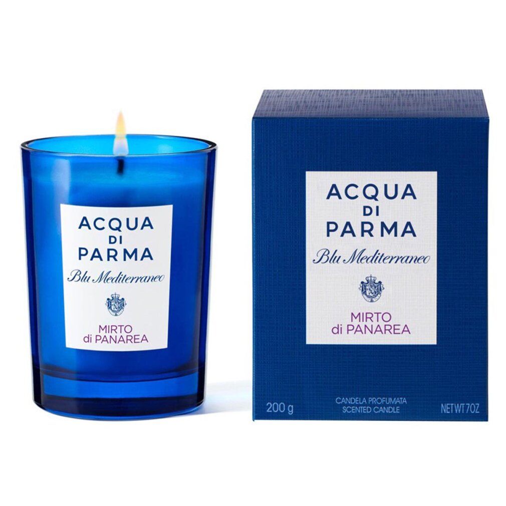 Blaue Duftkerze und Schachtel. Aufschrift: Acqua di Parma Blu Mediterraneo Mirto di Panarea. 200 g, Net WT 7oz.