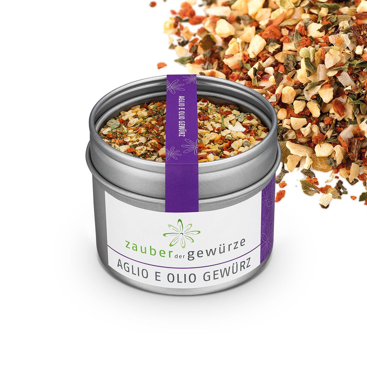 Gewürzdose mit Aglio e Olio Gewürz. Dose aus Metall, lila Etikett mit Produktnamen und Logo, daneben verstreute Kräuter.
