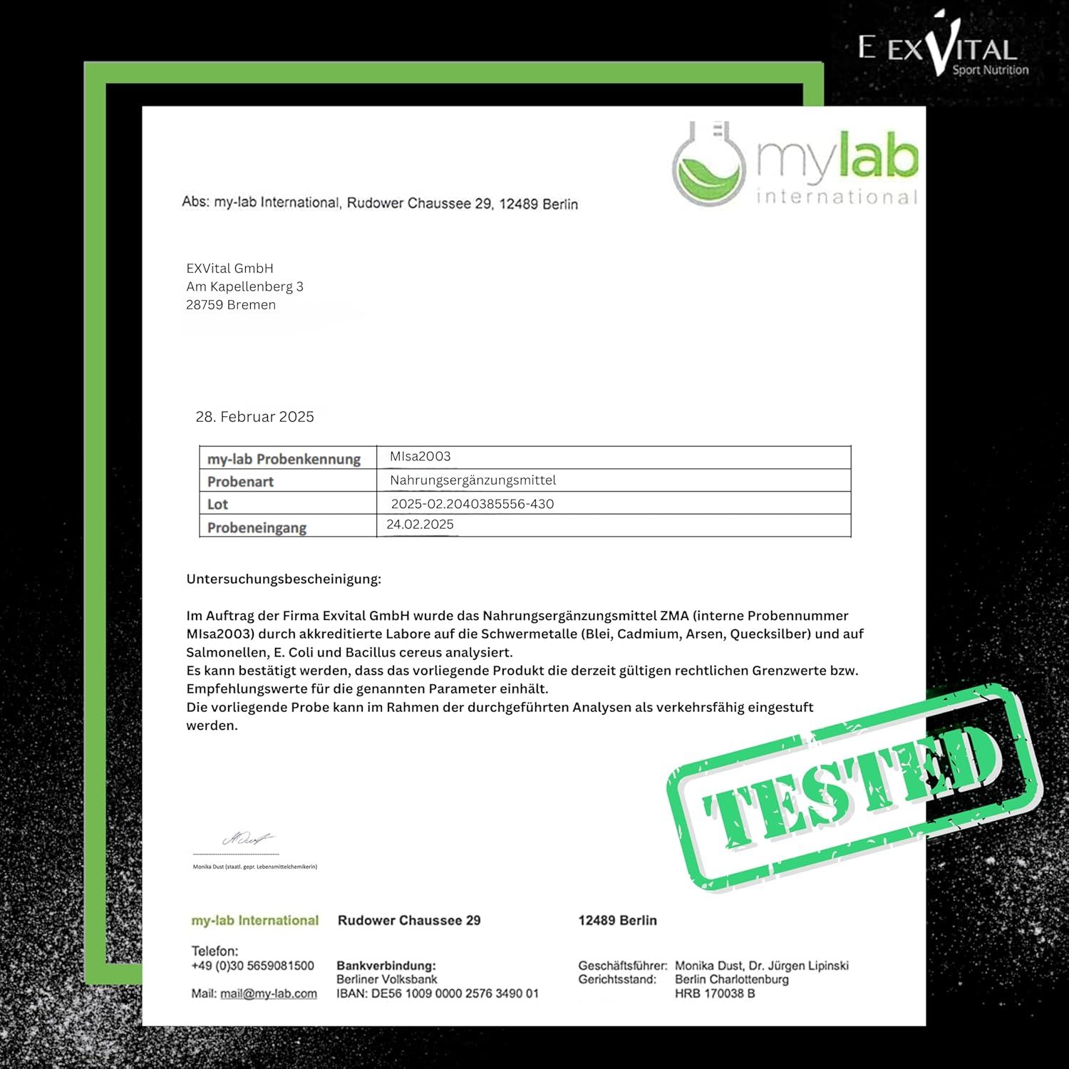 Laborbericht von mylab international. Bestätigung der Analyse von ZMA-Nahrungsergänzungsmittel. Getestet.