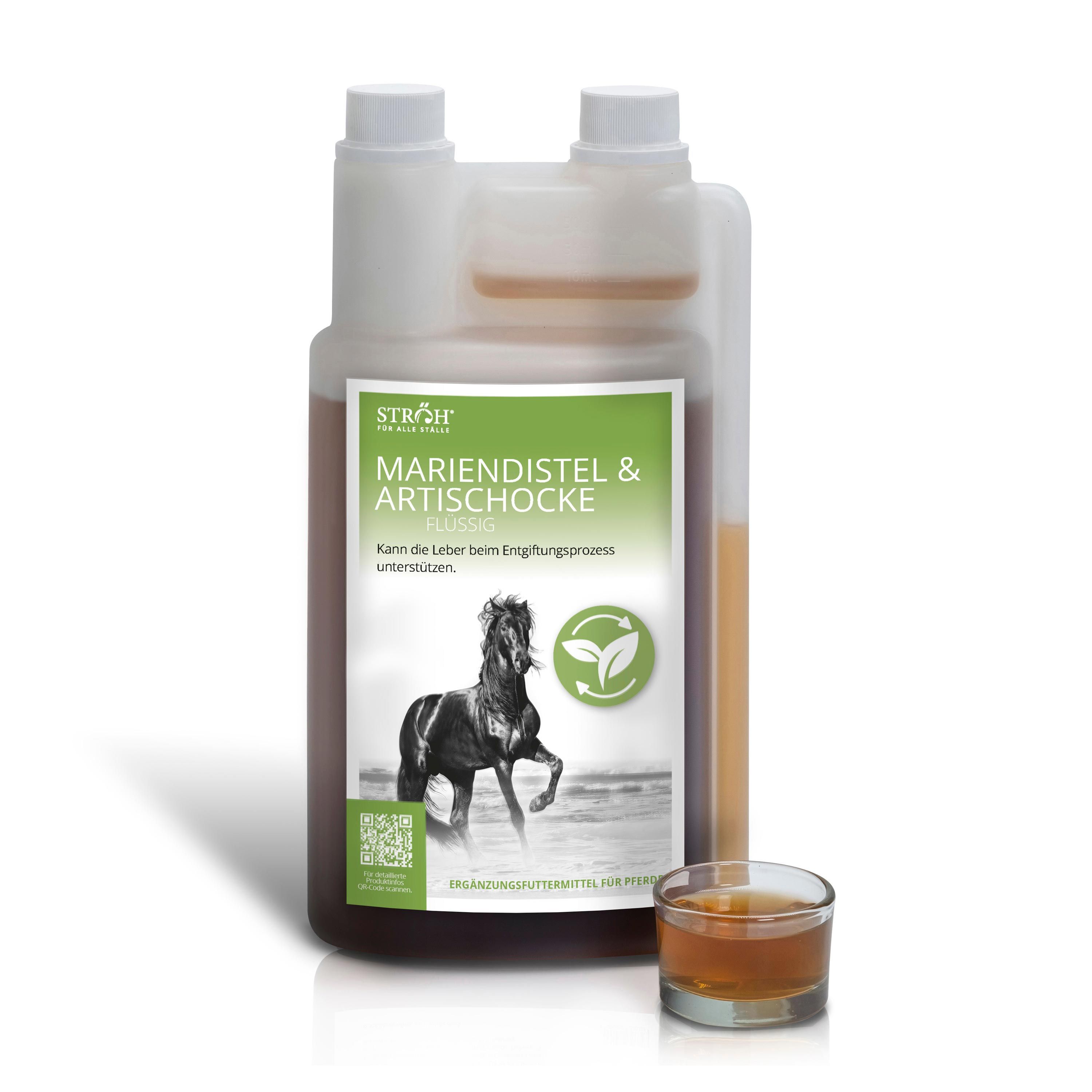 STRÖH Mariendistel & Artischocke Flüssigkeit in einer Dosierflasche mit Messbecher.