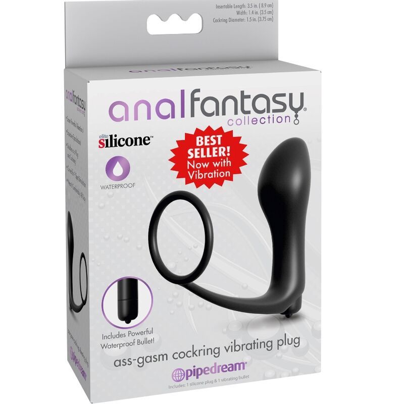 Verpackung mit Produktnamen. Enthält einen schwarzen Cockring-Vibrator-Plug. Text: Anal Fantasy Collection, ass-gasm cockring vibrating plug.