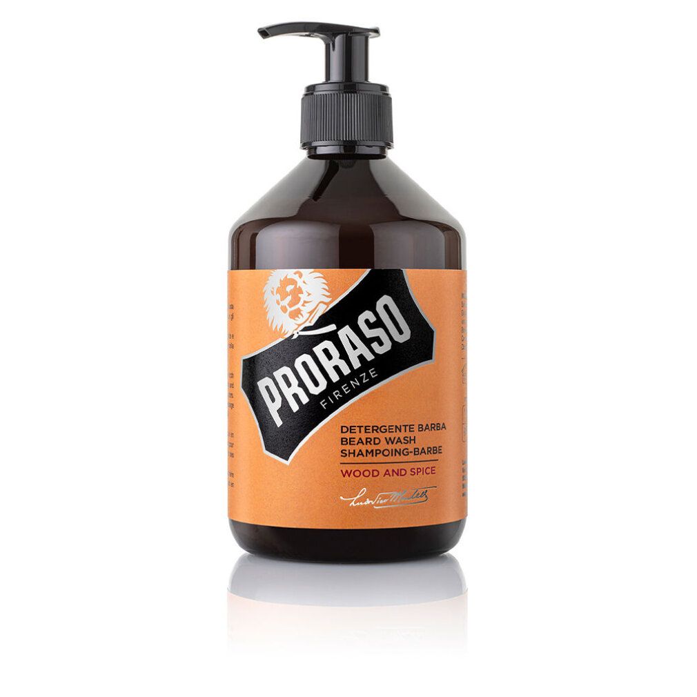 Braune Flasche mit schwarzem Pumpkopf. Etikett mit Logo und Schriftzug. Text: Detergente Barba, Wood and Spice.